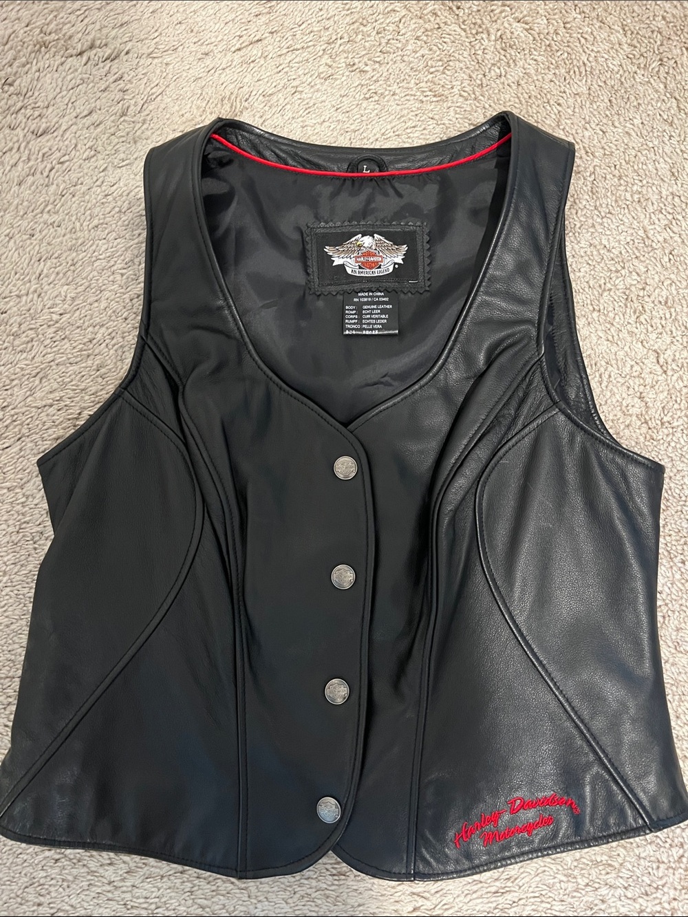 Harley-Davidson Black Leather Women's Large Snap Vest with Red Embroidery